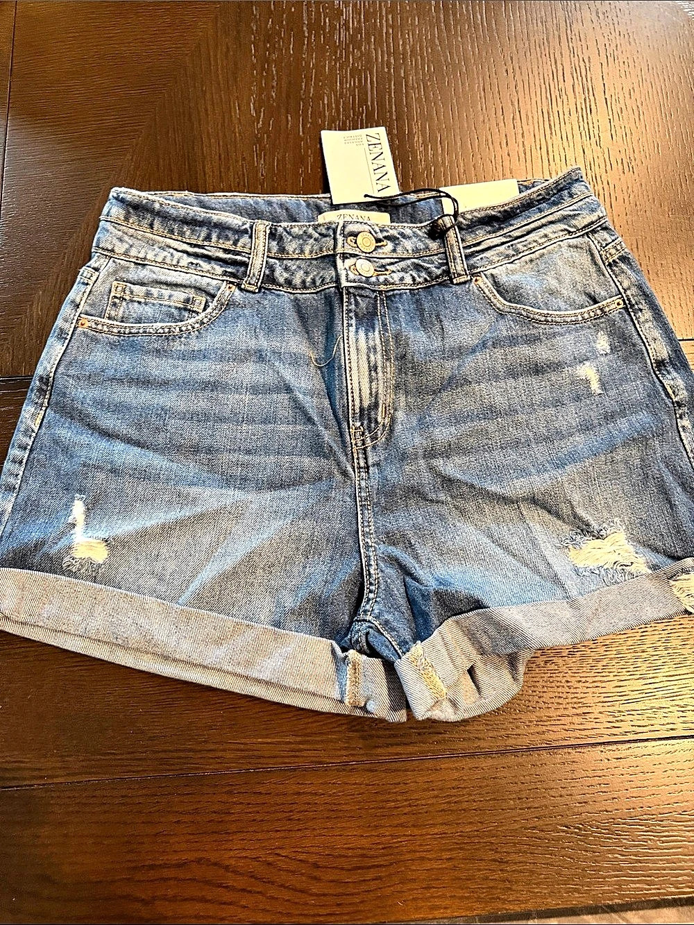 ZENANA Distressed Denim Shorts in Blue Size Large NWT